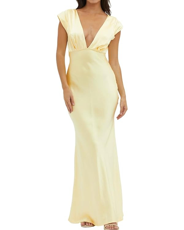 Halfisland Womens Summer Satin V Neck Cap Sleeve Backless Maxi Dress Elegant Twist Cut Out Midi D... | Amazon (US)