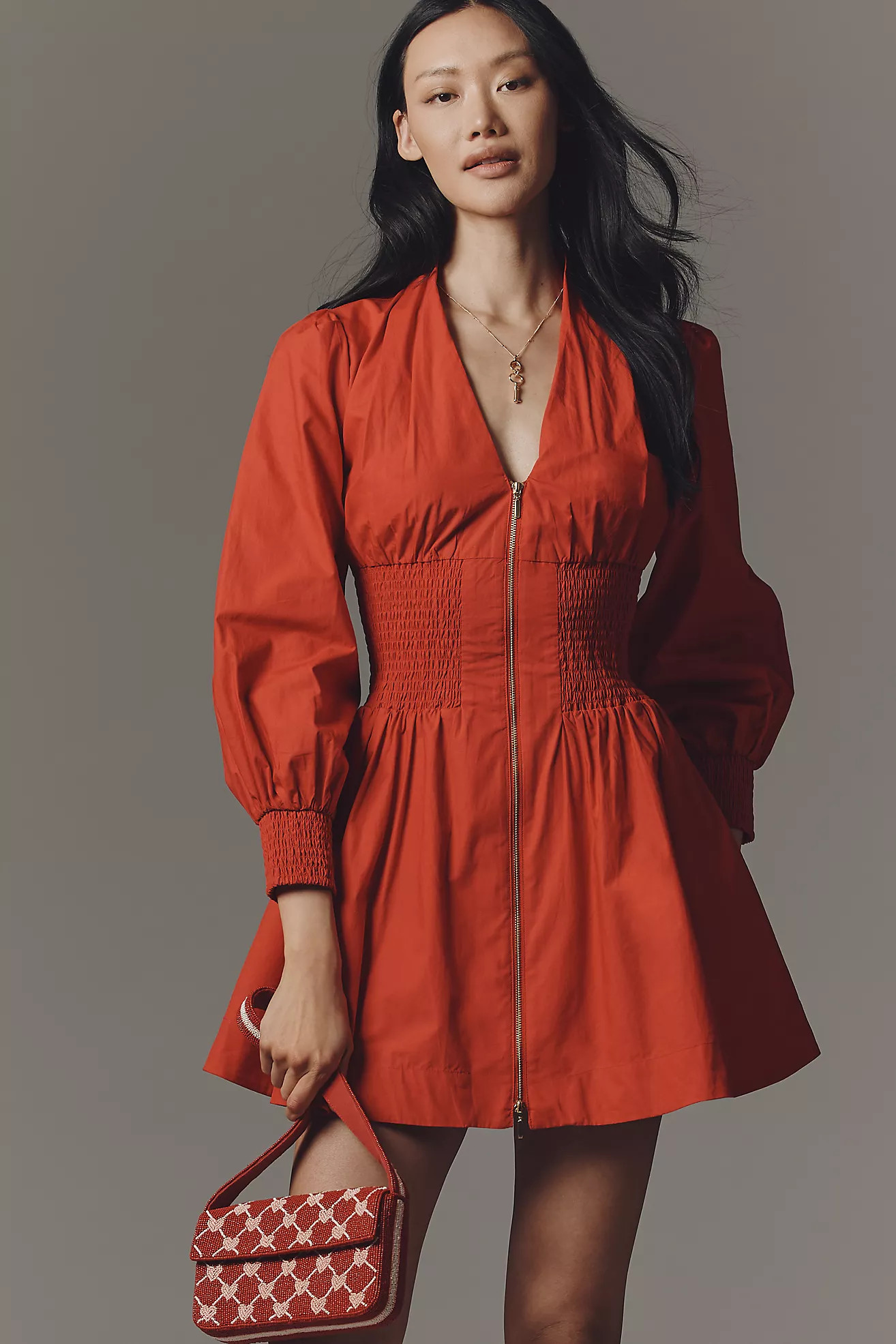 Tommie Long-Sleeve Smocked Front-Zip Mini Shirt Dress | Anthropologie (US)