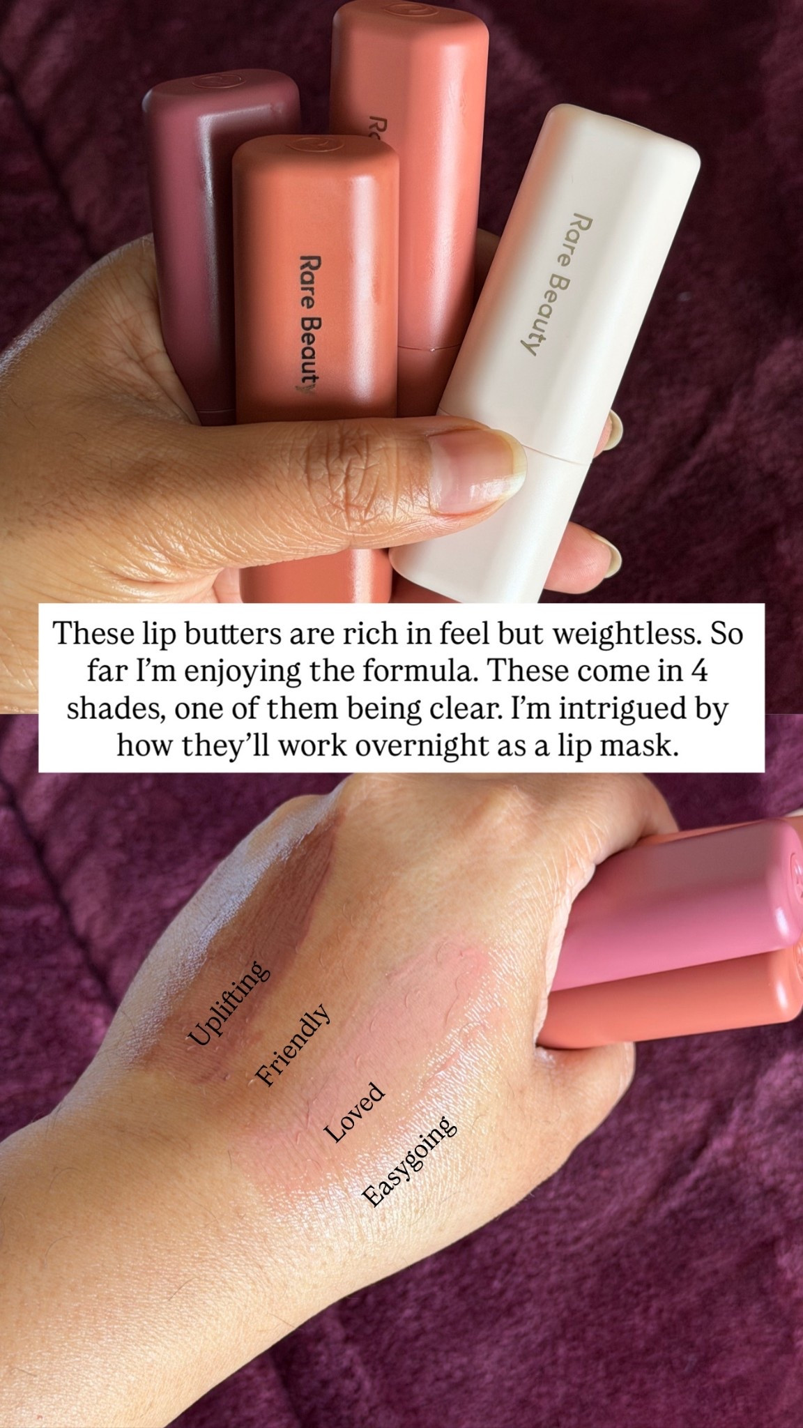 These lip butters feel like a little luxury, soft, nourishing, and weightless. Can be worn both during the day for hydration as well as at night as an overnight lip mask. Comes in four shades: asygoing (clear, unscented), loved (tea rose with a hint of vanilla scent), friendly (muted caramel with light vanilla scent), and uplifting (deep berry with light vanilla scent).  Lip care, what’s in my bag, tinted lip balm, beauty find, gifted  

#LTKGiftGuide #LTKFindsUnder50 #LTKBeauty