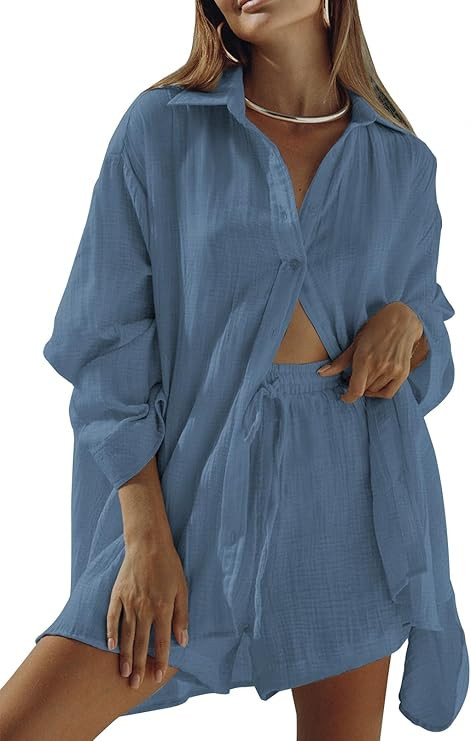 Fixmatti Women 2 Piece Outfits Long Sleeve Button Down Blouse and Shorts Sweatsuit Sets | Amazon (US)