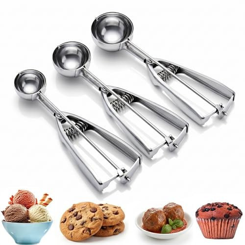 Ice Cream Scoop, 3Pcs Cookie Scoop Set, Stainless Steel Ice Cream Scooper with Trigger Release, Large/Medium/Small Cookie Scooper for Baking, Cookie Scoops for Baking Set of 3 with Cookie Dough Scoop… | Amazon (US)