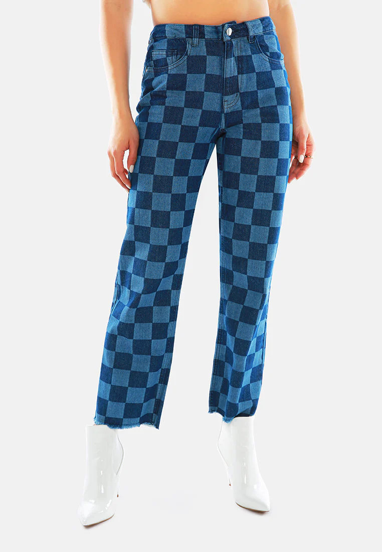 Blue Wide Leg Checkered Jeans Pants Blue / XXL | Casual Chic Boutique