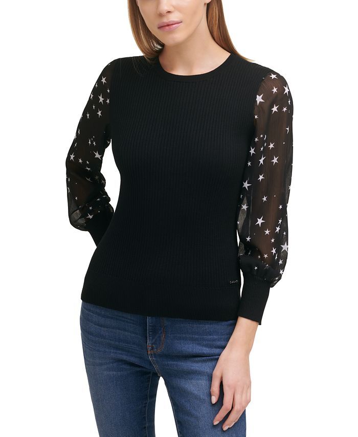 DKNY Sheer-Sleeved Mixed-Media Sweater & Reviews - Sweaters - Women - Macy's | Macys (US)