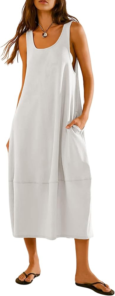 Womens Maxi Dress Long Sleeveless Dress Cotton Linen Beach Sun Dress 2 Pockets Casual Loose Flowy... | Amazon (US)