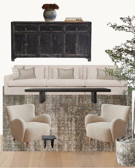Living room, vintage decor, vintage rug, accent chair, Sherpa, console, sofa, couch, vessel, amber interiors 

#LTKfindsunder100 #LTKhome #LTKstyletip