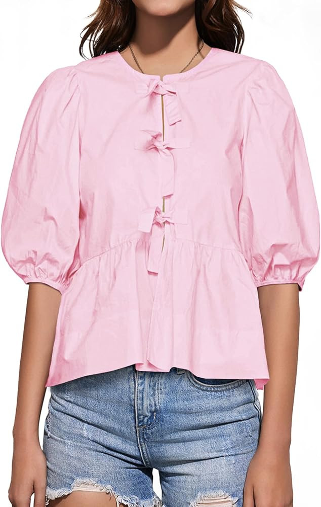 Tankaneo Womens Tie Front Tops Summer Peplum Babydoll Puff Short Sleeve Blouse Cute Cotton Shirts | Amazon (US)
