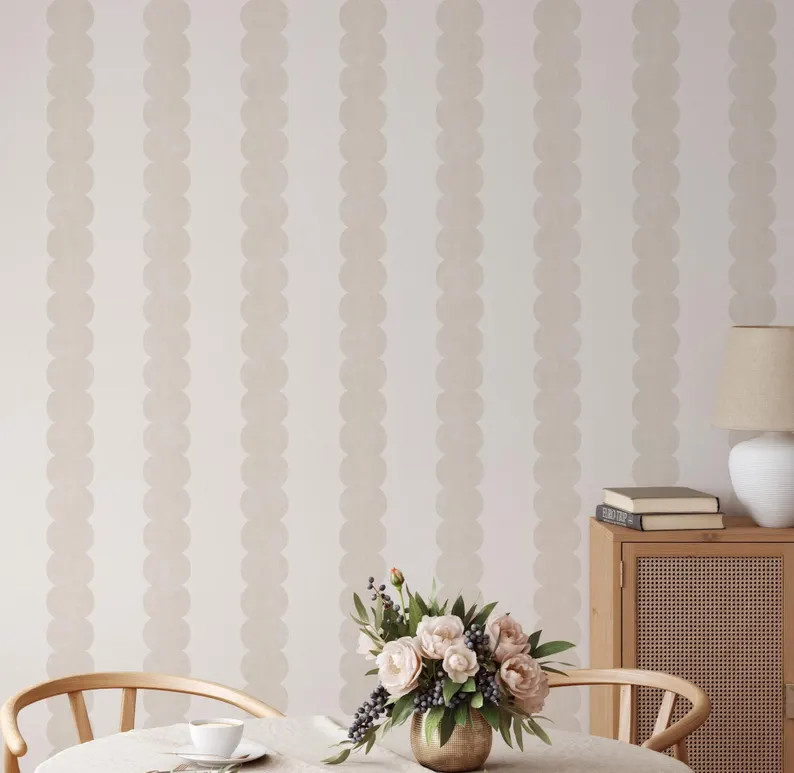 Light Beige Scallop Stripe Wallpaper - Peel and Stick or Traditional A412 - Etsy | Etsy (US)