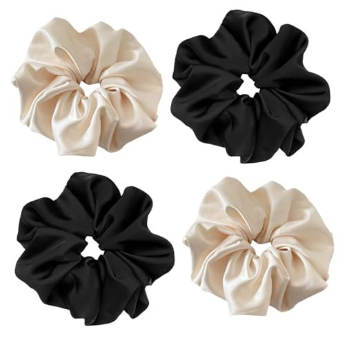 4 Pieces Jumbo Satin Silk Scrunchies for Women 7.2 Inches Large Oversize Scrunchies For Thick Hair Elastic Hair Ties (Black Beige Mix) | Amazon (US)