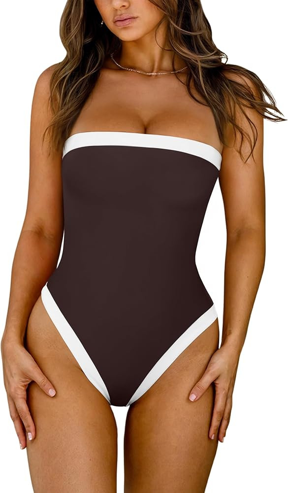 LASLULU Womens Sexy One Piece Swimsuit Strapless Padded Square Neck Bandeau Bathing Suits with Ad... | Amazon (US)