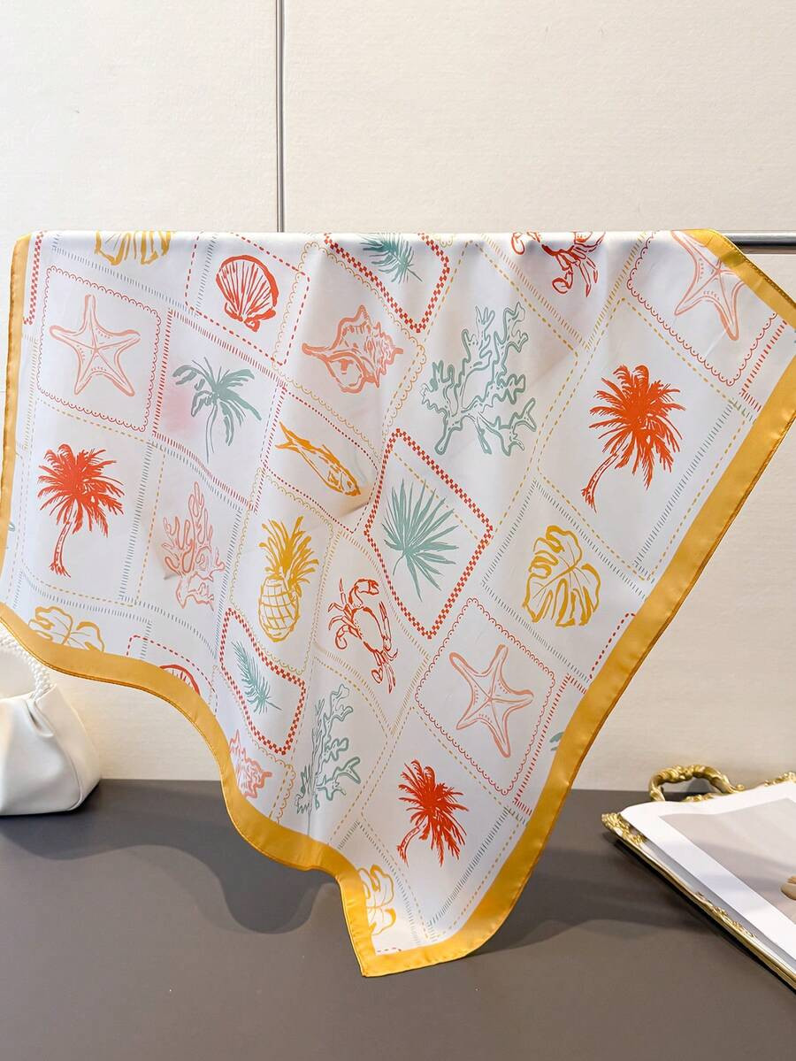 1pc Vintage Ocean Elements Starfish & Shell Lightweight Scarf, Women's Silk-Like Square Headscarf... | SHEIN