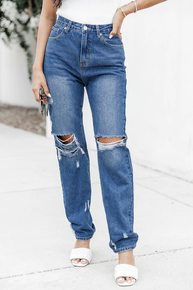 Keeley Dark Wash Distressed Straight Leg Jeans FINAL SALE | Pink Lily