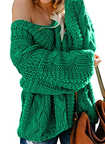 Astylish Women Chunky Off The Shoulder Loose Fit Oversize Soft Cozy Knit Pullover Sweater Jumper Green Large | Amazon (US)