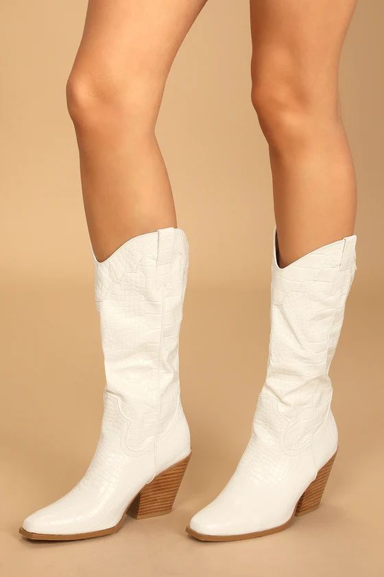 Caela White Crocodile-Embossed Knee-High Boots | Lulus (US)