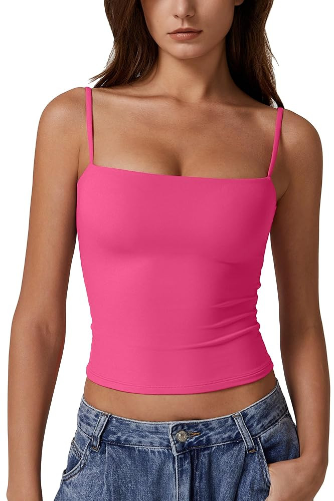 QINSEN Women's Double Lined Basic Tank Top Adjustable Spaghetti Straps Sleeveless Camisole Shirts | Amazon (US)