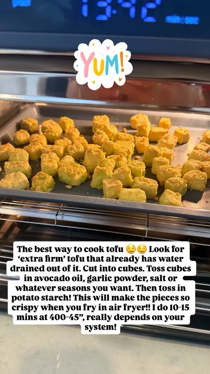 We love the upgraded Wonder Oven air fryer + 6-in-1 system. The best way to cook tofu 🤤🤤 Look for ‘extra firm’ tofu that already has water drained out of it. Cut into cubes. Toss cubes in avocado oil, garlic powder, salt or whatever seasons you want. Then toss in potato starch! This will make the pieces so crispy when you fry in air fryer!! I do 10-15 mins at 400-450 degrees, really depends on your system!

#LTKfoodie #LTKHome #LTKmomlife
