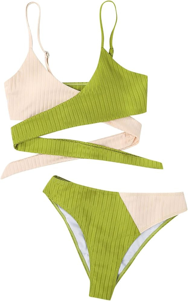Women Sexy Swimsuits Two Piece Wrap Front Cross Color Block Tie Back Bathing Suit V Neck High Wai... | Amazon (US)
