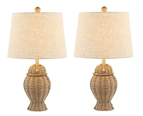 JONATHAN Y 20.5" Natural Wicker Table Lamp Set of 2, Bohemian Rustic Farmhouse Bedside Lamps for Living Room, Nightstand Desk Lamps with Beige Linen Shade, LED Bulbs Included JYL4041A-SET2 | Amazon (US)