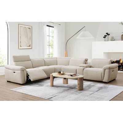 Beige Boucle Power Recliner Sectional Sofa, Cupholder Console & Adjustable Headrests | Wayfair North America
