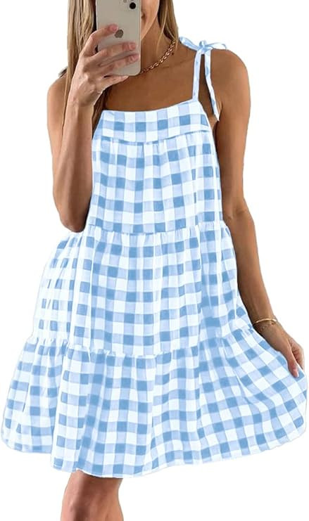 Potany Women's Summer Dresses Spaghetti Strap Mini Dress Plaid Tiered Ruffle Loose Short Flowy Pl... | Amazon (US)