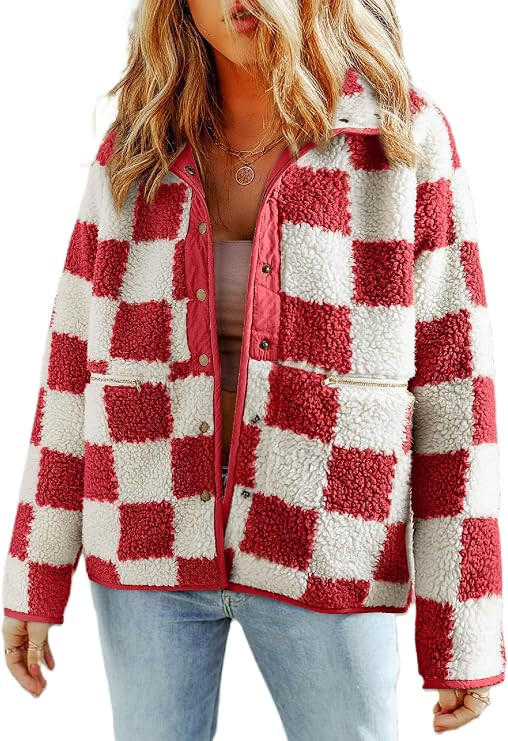 Jacket for Women 2025 Plaid Long Sleeve Lightweight Fleece Jacket Button Down Checkerboard Sherpa... | Amazon (US)