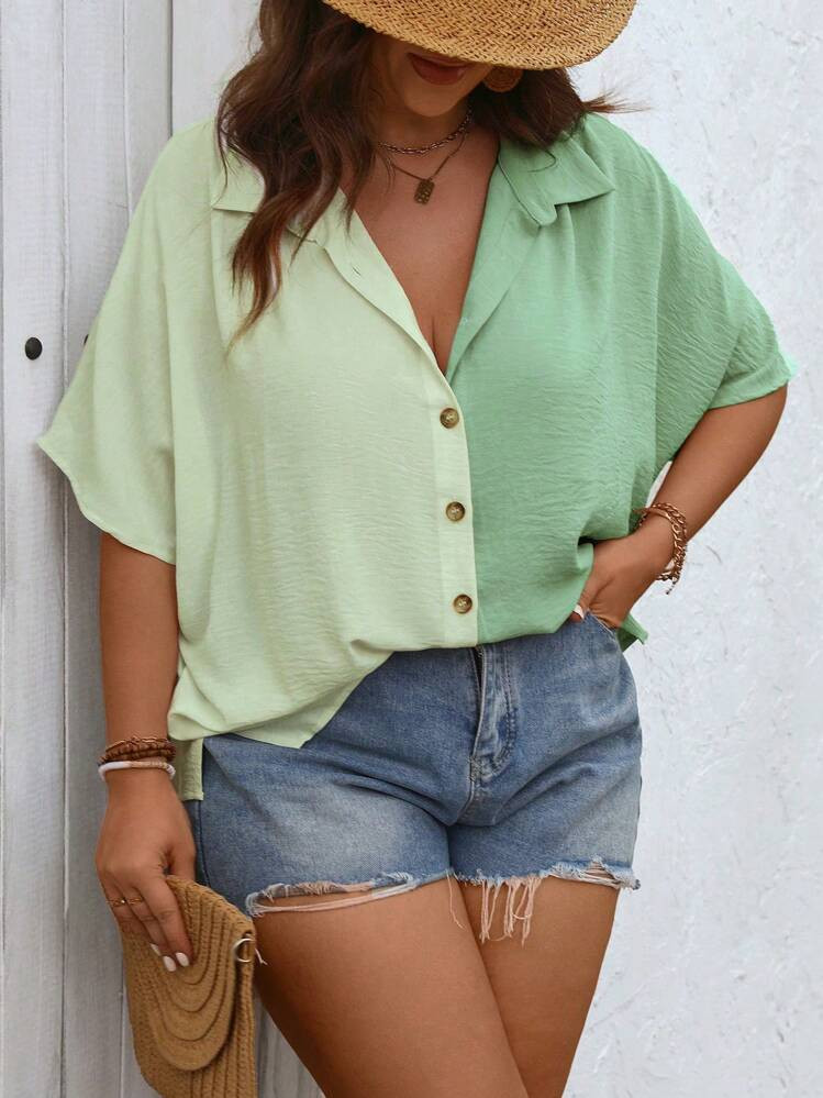 EMERY ROSE Plus Size Summer Casual Contrast Color Textured Front Button Loose Shirt | SHEIN