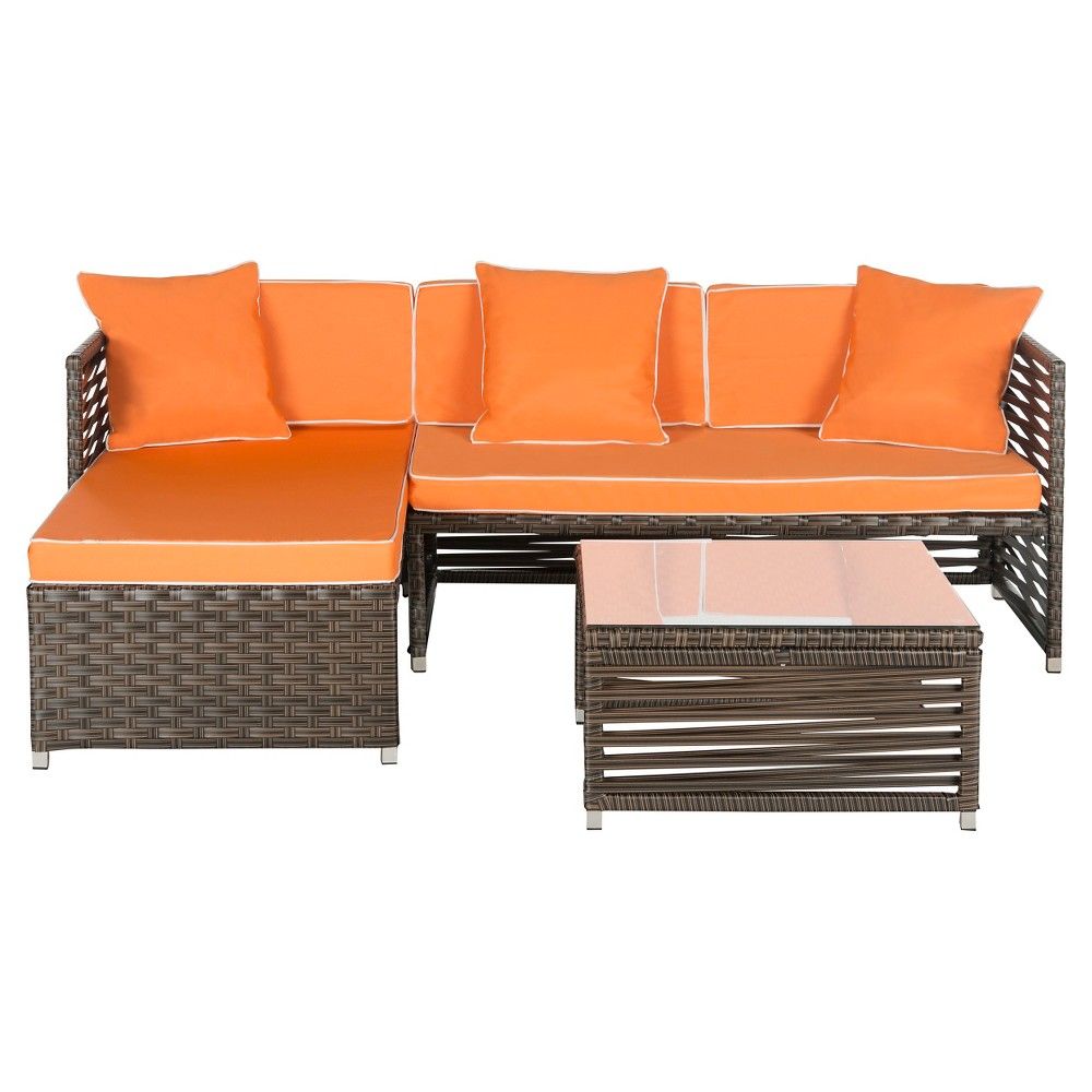 Likoma 3pc Wicker Patio Outdoor Conversation Set - Brown/Orange - Safavieh | Target