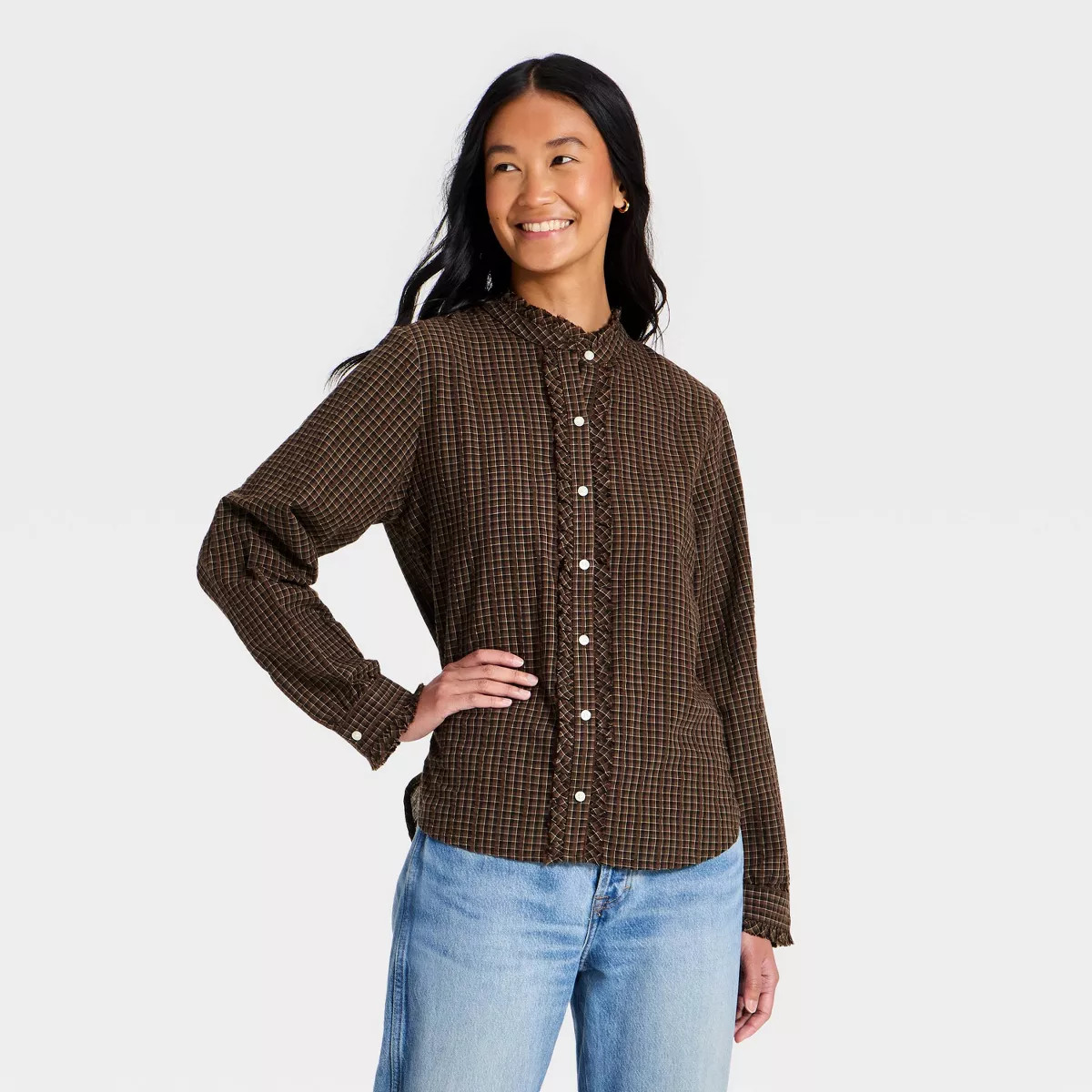 Women's Ruffle Long Sleeve Button-Up Ruff Collared Neck Blouse - Universal Thread™ Brown Plaid ... | Target