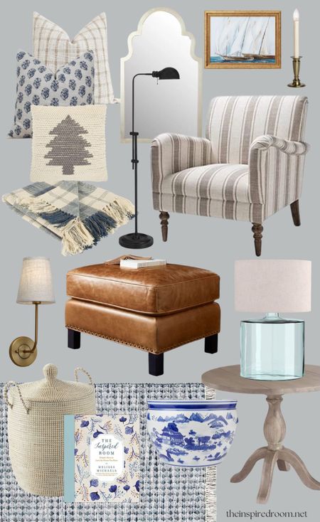 My living room decor + similar sources  - striped accent arm chair, black pharmacy floor lamp, leather ottoman, sailboat framed canvas art, small drop leaf wood dining table we use as end table, blue glass lamp (we have larger size), blue indoor outdoor rug, woven lidded hamper basket (25% off), brass wall sconce with linen shade set of 2, tree pillow, hand stamped block pillow, plaid throw blanket, neutral windowpane pillow, scroll top mirror, blue and white planter, the inspired room coffee table book, battery operated window candles 

#LTKhome #LTKsalealert #LTKstyletip
