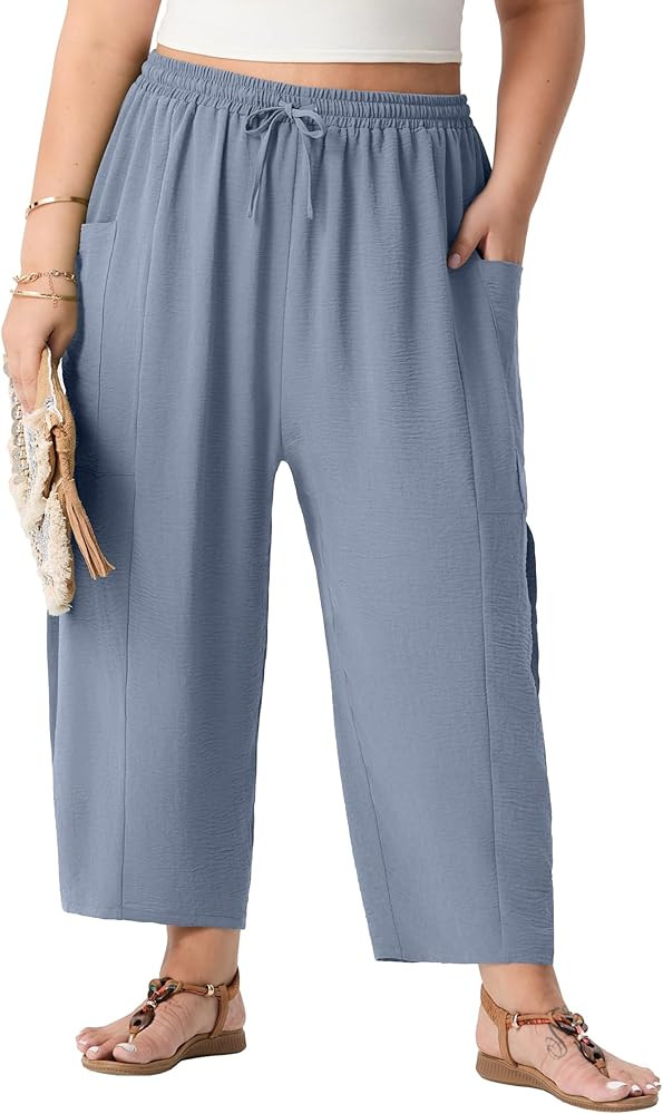 OLRIK Plus Size Pants for Women Wide Leg Cropped High Waisted Flowy Lightweight Pull On Loose Fit... | Amazon (US)
