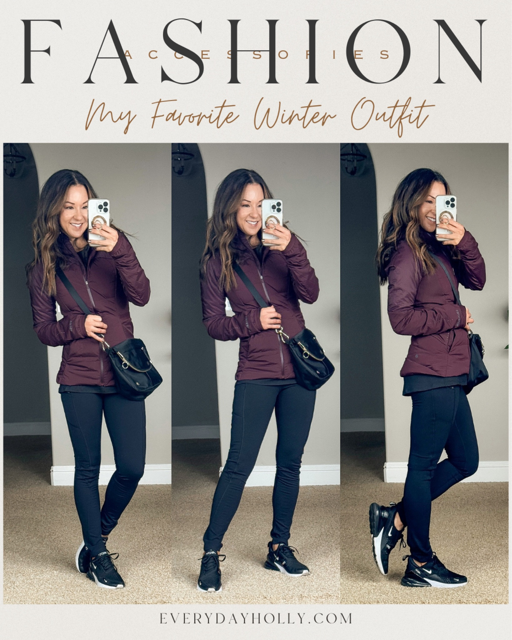 My favorite winter outfit - I LOVE all of these athleisure pieces and wear them on repeat. 
For Reference: I’m 5’1”, 111lbs
Amazon Fleece lined leggings XS
Amazon Long sleeve tee w/thmbholes XS
Lululemon down for it all Athletic Jacket 4
The best No show socks small
Nike air max 270 Sneakers go up a 1/2 size
Lululemon all night festival Crossbody linked


#LTKover40 #LTKtravel #LTKstyletip