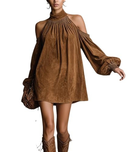 YADMISU Women's Sexy Off Shoulder Halter Faux Suede Dress Mock Neck Ruched Lantern Sleeves Mini A... | Amazon (US)