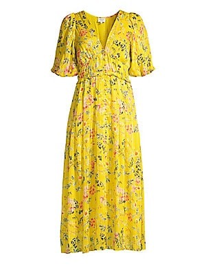 Hemant & Nandita Women's Puff Sleeve Floral Midi Dress - Yellow - Size XS | Saks Fifth Avenue