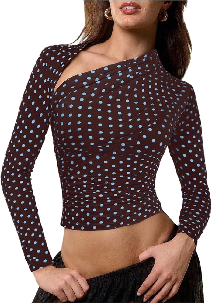 SweatyRocks Women's Polka Dots Asymmetrical Long Sleeve Going Out Tee Tops | Amazon (US)