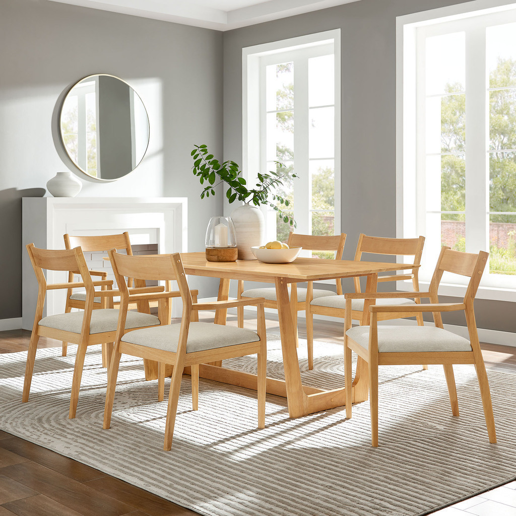 Solara 7-Piece Wood Dining Set With Fabric Upholstered Armchairs In Natural and Heathered Weave Beige | 1stopbedrooms