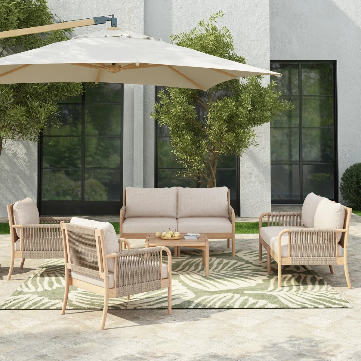 Ranny 5-Piece Outdoor Acacia Wood Conversation Set with Woven Rope Accents | Wayfair North America