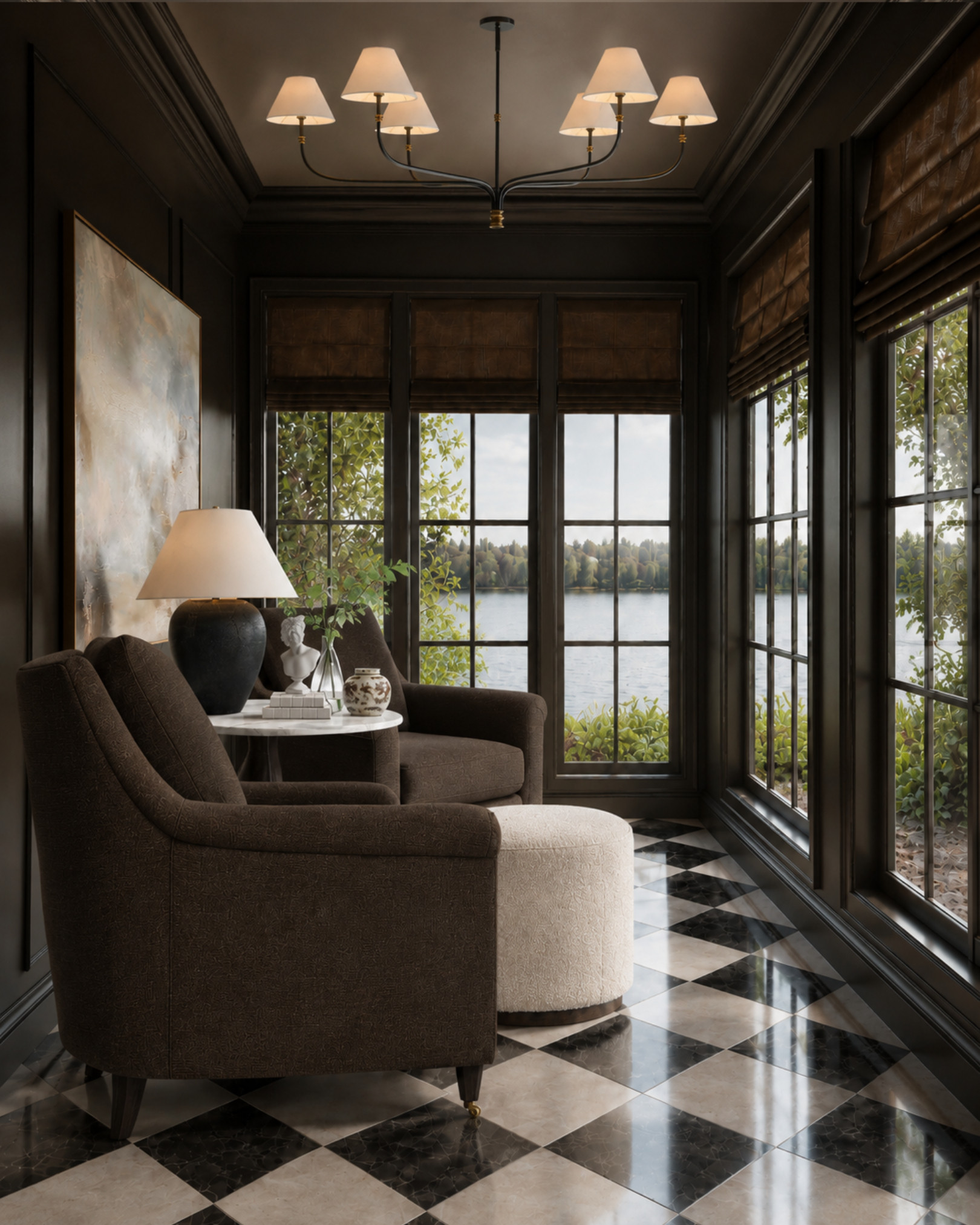 This is such a good example of a room that feels moody without feeling heavy. The dark walls, tailored seating, black-and-white floors, warm woven shades, and lake view all work together to make the space feel classic, cozy, and elevated.

I love this kind of sitting room because every piece feels intentional: comfortable chairs, layered lighting, soft upholstery, and just enough contrast to make the room feel finished.

I may receive a commission when you shop through my links. 

 #LTKHome