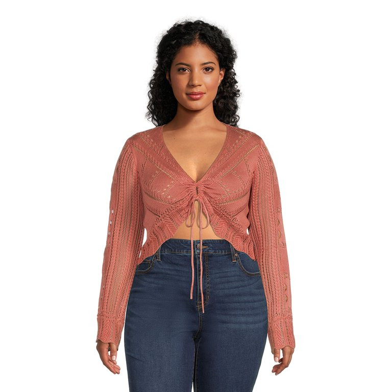 No Boundaries Juniors Plus Size Flyaway Crochet Sweater, Lightweight | Walmart (US)