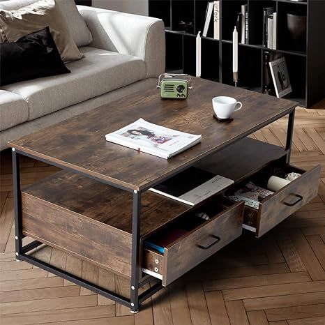 YOLENY 43" Industrial Coffee Table,Accent Cocktail Table with Storage Shelf,2 Drawers Solid Wood... | Amazon (US)