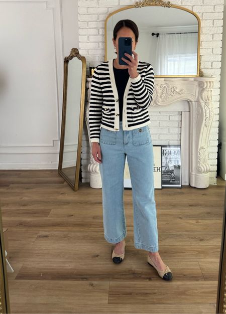 Classic Outfit
bash Paris stripe cardigan/linking similar
Sèzane Emilio Trouser/wearing normal size
J.Crew navy cashmere tee/medium 
Chanel ballet flats/linking similar 

#LTKstyletip #LTKover40