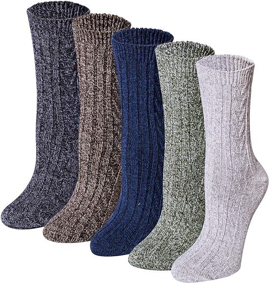 5 Pairs Womens Vintage Style Winter Soft Warm Thick Knit Wool Crew Socks | Amazon (US)