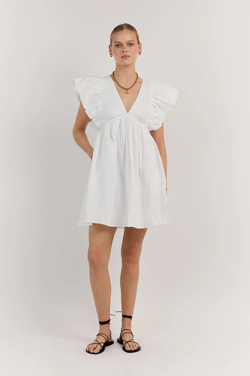 BONNIE FRILL WHITE LINEN MINI DRESS | DISSH