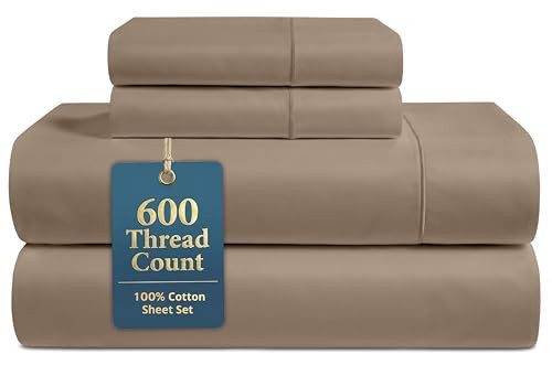LANE LINEN Sheets Full Size Bed 100% Cotton Sateen 600 Thread Count Deep Pocket 4 Piece Soft Breathable Hotel Luxury Oeko-Tex Certified Machine Washable All Season Durable Smooth Easy-Fit Taupe | Amazon (US)