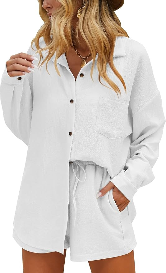 Ekouaer Womens Button Down Lounge Sets Long Sleeve Shirts and Shorts 2 Piece Outfit Set Casual Lo... | Amazon (CA)