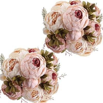 Nubry 2pcs Artificial Peony Silk Flowers Bouquet for Wedding Home Garden Decoration(Light Pink) | Amazon (US)