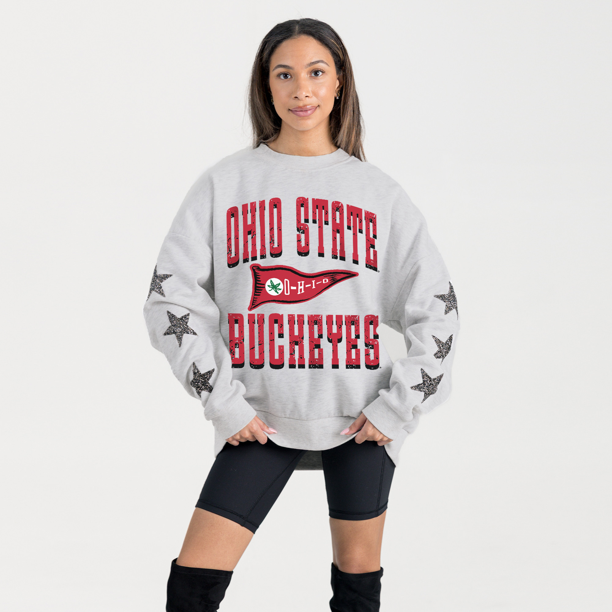 Women's Gameday Couture Ash Ohio State Buckeyes Oversized Pennant Pride Rhinestone Star Sleeve Sweatshirt | Fanatics