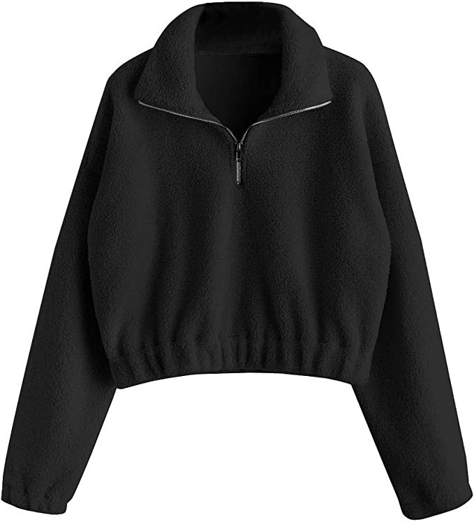 ZAFUL Women's Faux Fur Pullover Half Zip Long Sleeve Crop Sweatshirt Tops | Amazon (US)