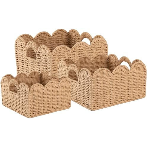 OIAHOMY Scalloped Wicker Baskets, Hand-woven Storage Baskets with Built-in Handles, Paper Rope Shelf Baskets for Organizing and Decoration, Set of 3-Yellow | Amazon (US)