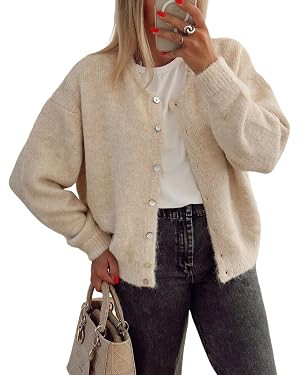 Women's Long Sleeve Front Button Y2k Cardigan Sweaters Crew Neck Loose 2024 Fall Tops | Amazon (US)