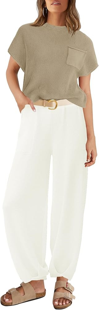 ZESICA Women's 2 Piece Outfits Sweater Set Short Sleeve Mock Neck Knit Pullover Top High Waist Pa... | Amazon (US)