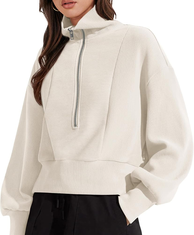 Women's Fall Fashion Zip Up Sweatshirt Casual Long Lantern Sleeve Split Hem Collared Blouse Top | Amazon (US)